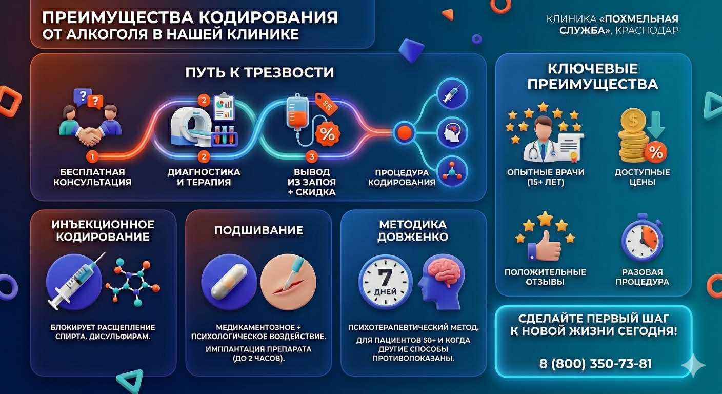 Инфографика о методах кодирования от алкоголя в Коврове: инъекции, подшивание, метод Довженко. Преимущества клиники и этапы лечения.